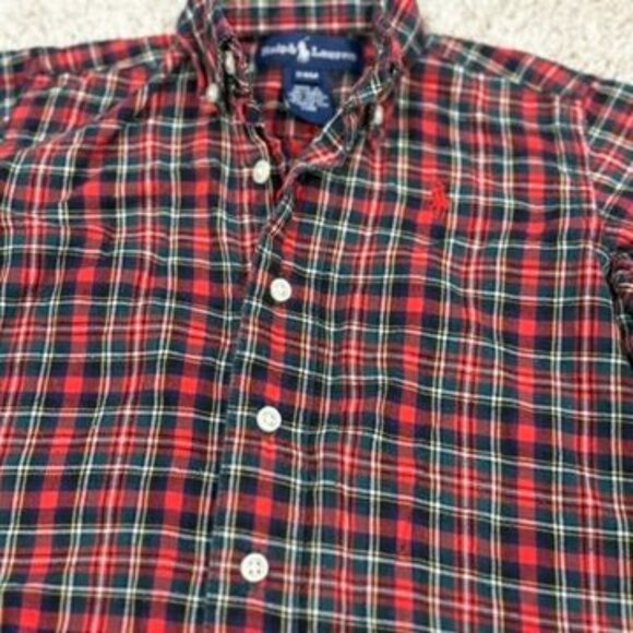 Ralph Lauren 24M Boys Red & Green Plaid Cotton Long Sleeve Button-Up Romper - Picture 2 of 4
